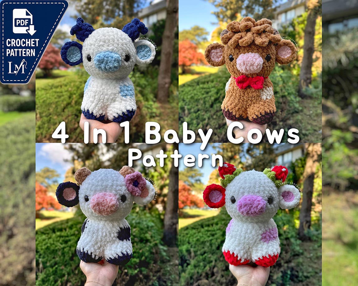 4 In 1 Standing Baby Cows Crochet Pattern | Fruit & Highland Cow Plushies